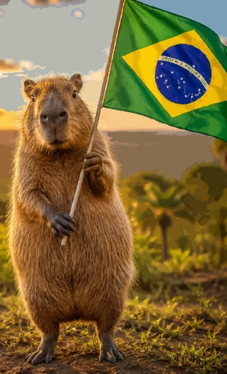 Capybara holding a Brazilian flag